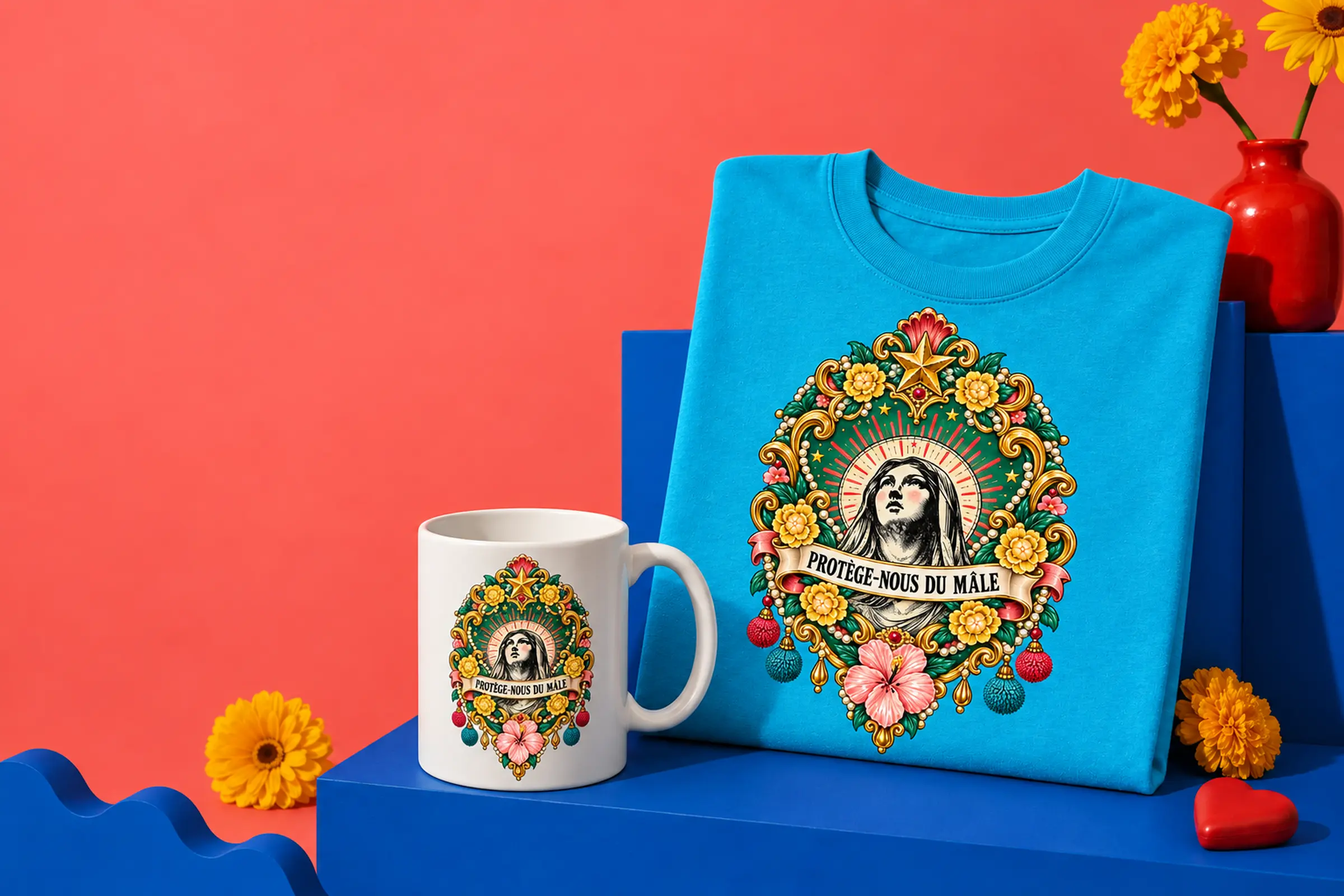 Tee-shirt et mug imprimés avec l’ex-voto Libère-nous des poils aux pattes